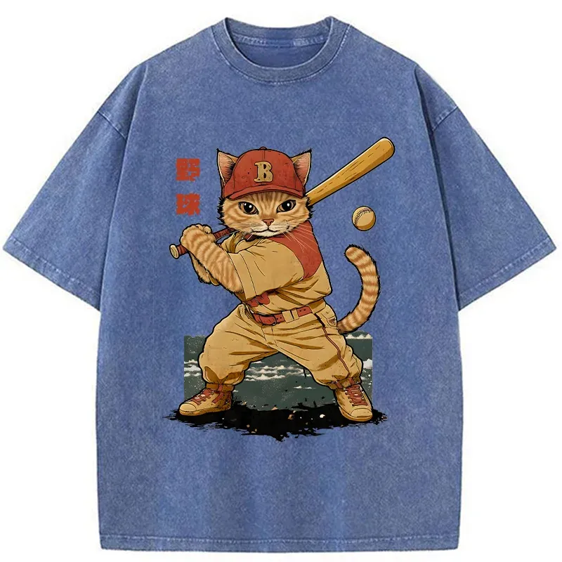 Tokyo-Tiger Baseball Cat Player Washed T-Shirt