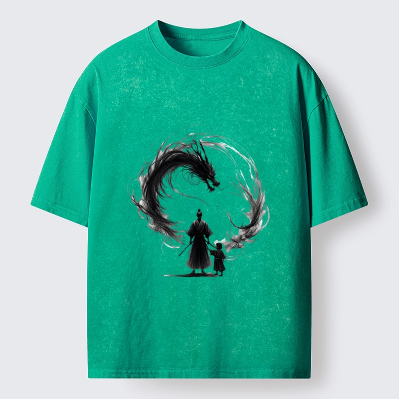 Tokyo-Tiger Samurai And Dragon Fatherhood Washed T-Shirt