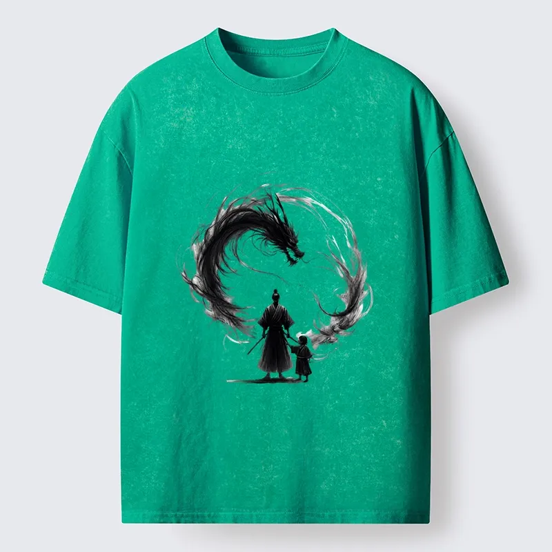 Tokyo-Tiger Samurai And Dragon Fatherhood Washed T-Shirt