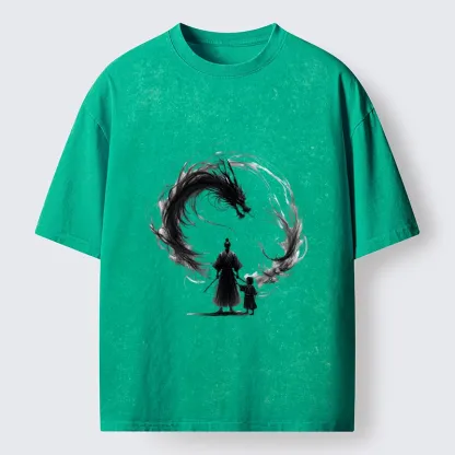 Tokyo-Tiger Samurai And Dragon Fatherhood Washed T-Shirt