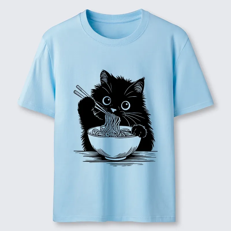 Tokyo-Tiger Black Cat Eating Ramen Funny Line Art Classic T-Shirt
