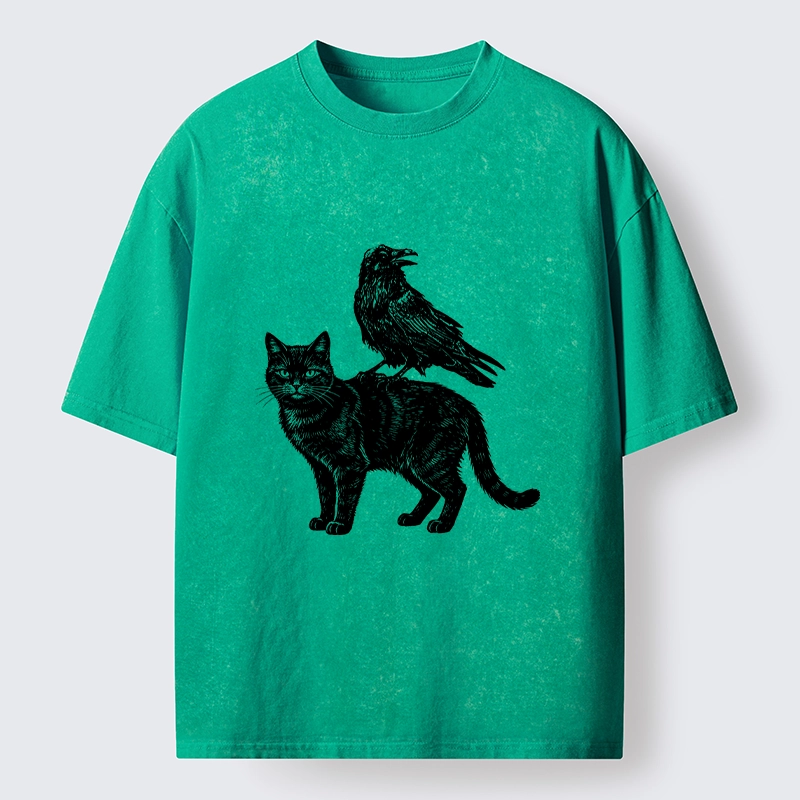 Tokyo-Tiger Funny Meme About Spooky Cat And Crow Washed T-Shirt