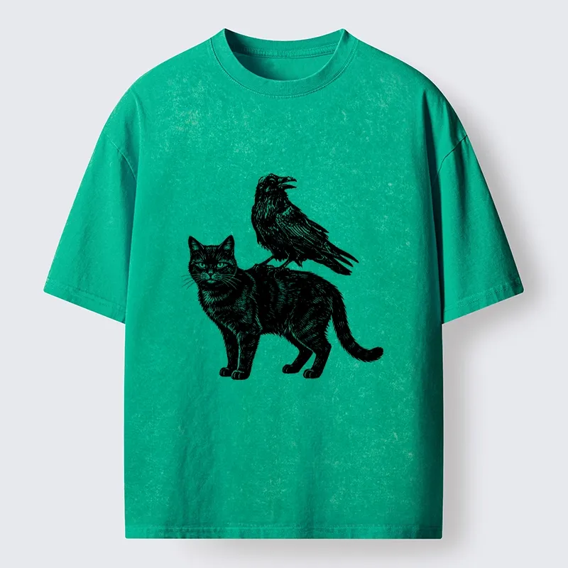 Tokyo-Tiger Funny Meme About Spooky Cat And Crow Washed T-Shirt