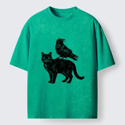 Tokyo-Tiger Funny Meme About Spooky Cat And Crow Washed T-Shirt