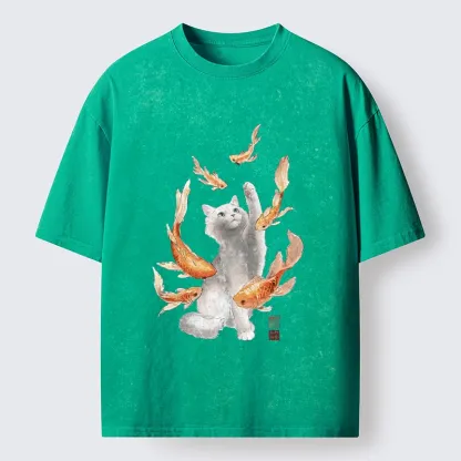 Tokyo-Tiger Fluffy Cat Chasing Koi Fish Dreams Washed T-Shirt