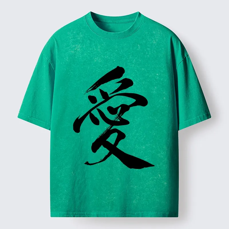 Tokyo-Tiger Japanese Kanji Love In Brush Strokes Washed T-Shirt