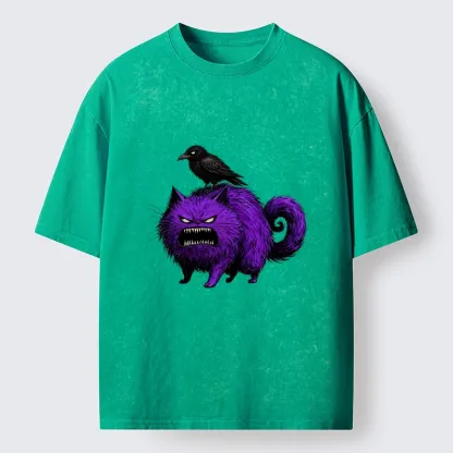 Tokyo-Tiger Spooky Purple Cat Ready To Attack Washed T-Shirt