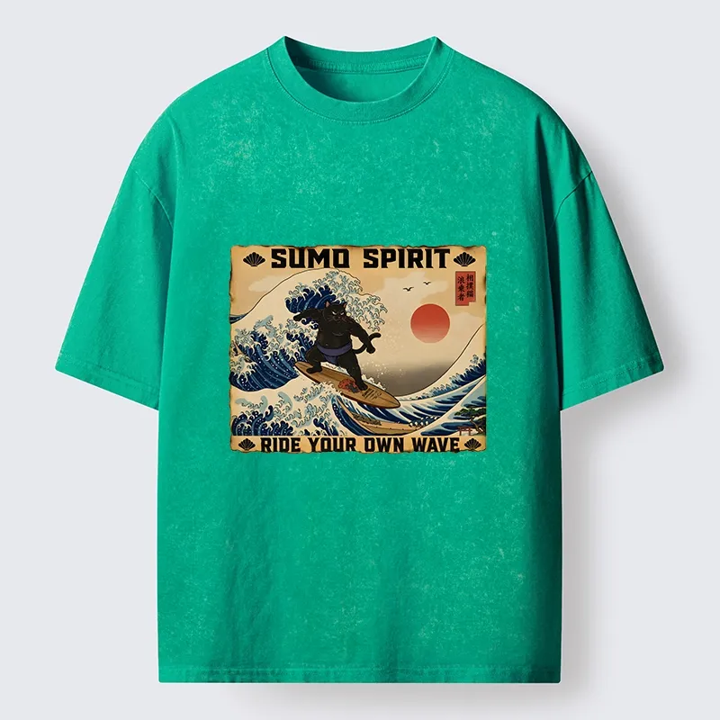 Tokyo-Tiger Sumo Cat Riding Its Own Wave Washed T-Shirt