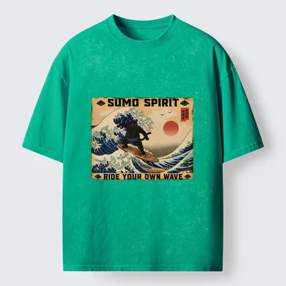 Tokyo-Tiger Sumo Cat Riding Its Own Wave Washed T-Shirt