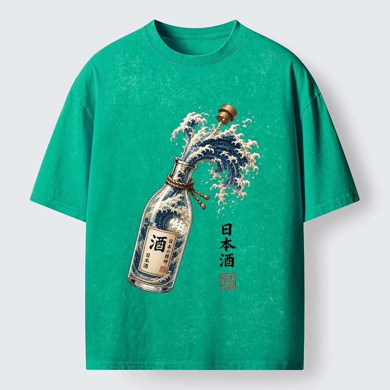 Tokyo-Tiger Ocean Wave Poured From A Sake Bottle Washed T-Shirt