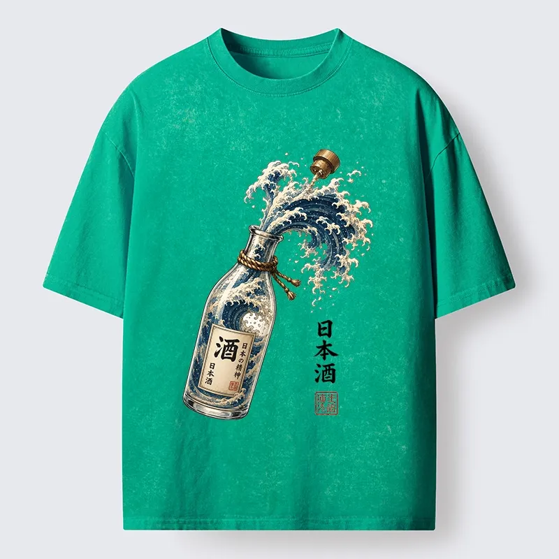 Tokyo-Tiger Ocean Wave Poured From A Sake Bottle Washed T-Shirt
