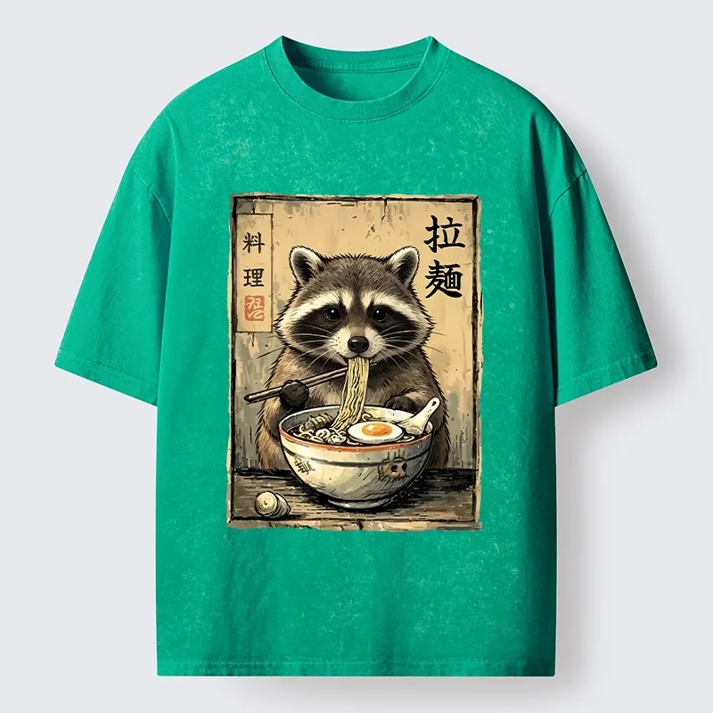 Tokyo-Tiger Raccoon Eating Ramen And Loving It Washed T-Shirt