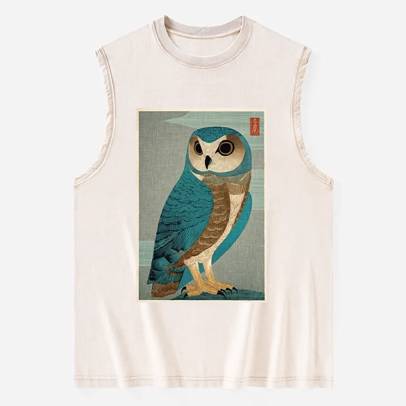 Tokyo-Tiger Vintage Owl Woodblock Art Washed Tank Sale