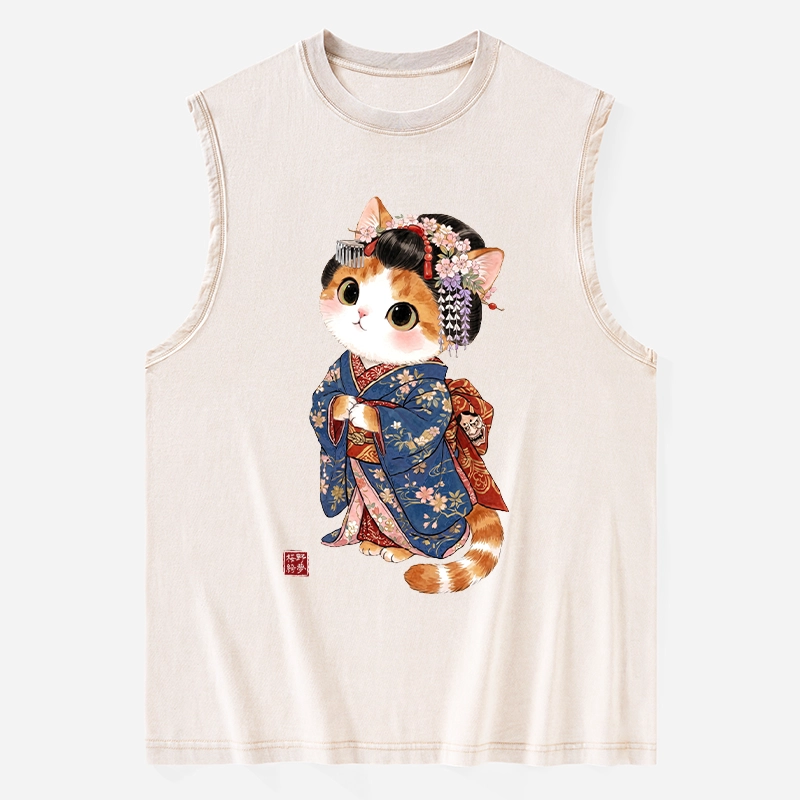 Tokyo-Tiger Cat Dressed As A Geisha Funny Washed Tank