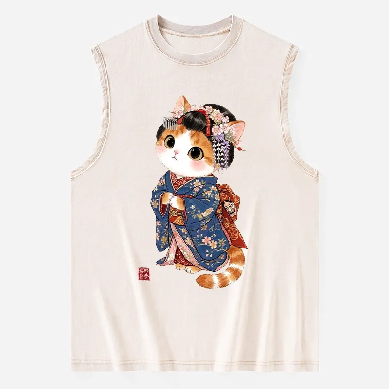 Tokyo-Tiger Cat Dressed As A Geisha Funny Washed Tank