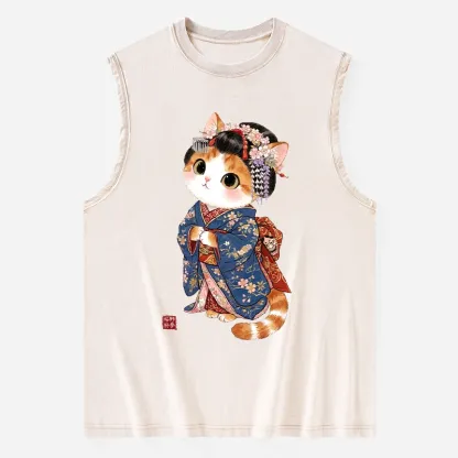 Tokyo-Tiger Cat Dressed As A Geisha Funny Washed Tank