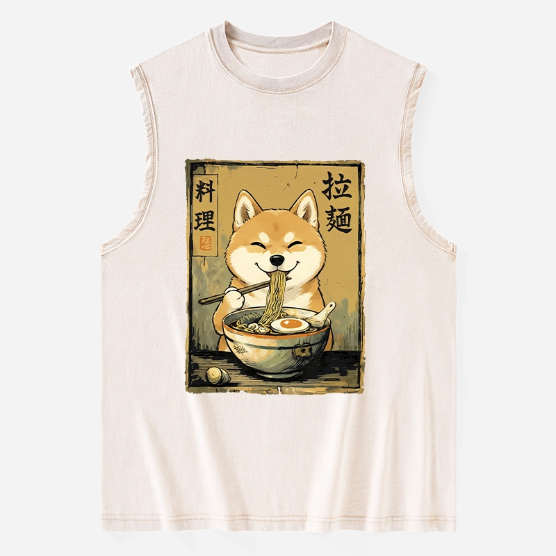 Tokyo-Tiger Happy Shiba Eating Ramen Washed Tank