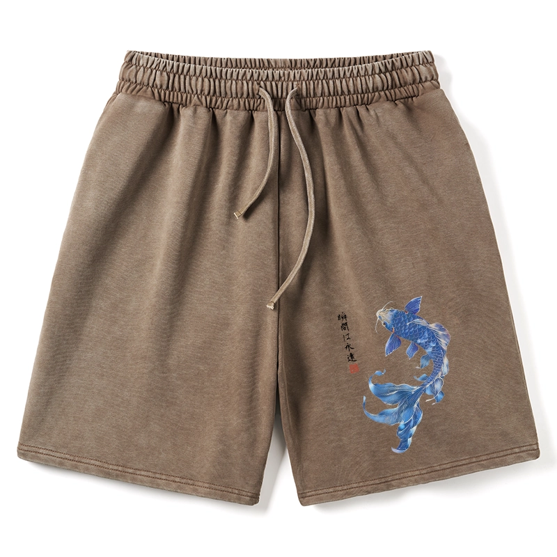 Tokyo-Tiger Lucky Blue Koi Fish Art Washed Shorts