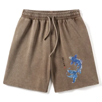 Tokyo-Tiger Lucky Blue Koi Fish Art Washed Shorts