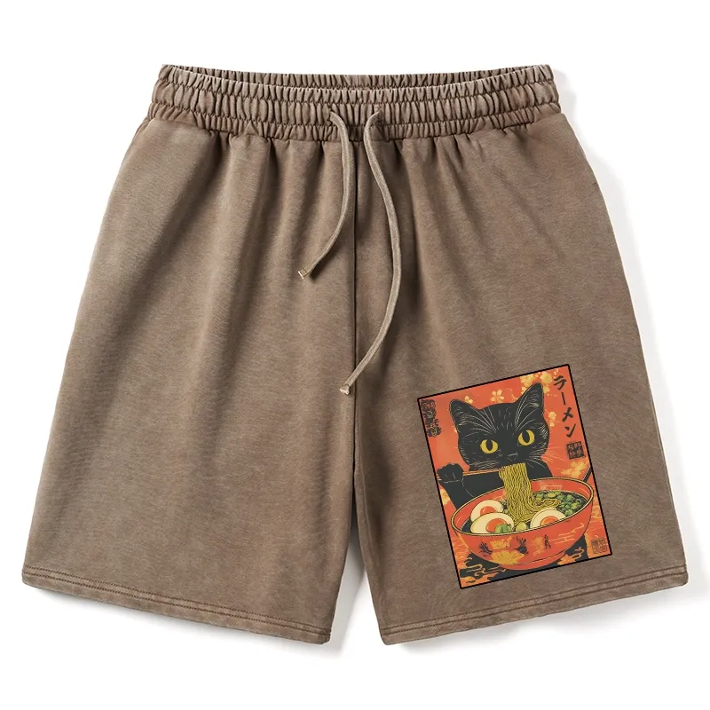 Tokyo-Tiger Hungry Black Cat Loves Ramen Washed Shorts