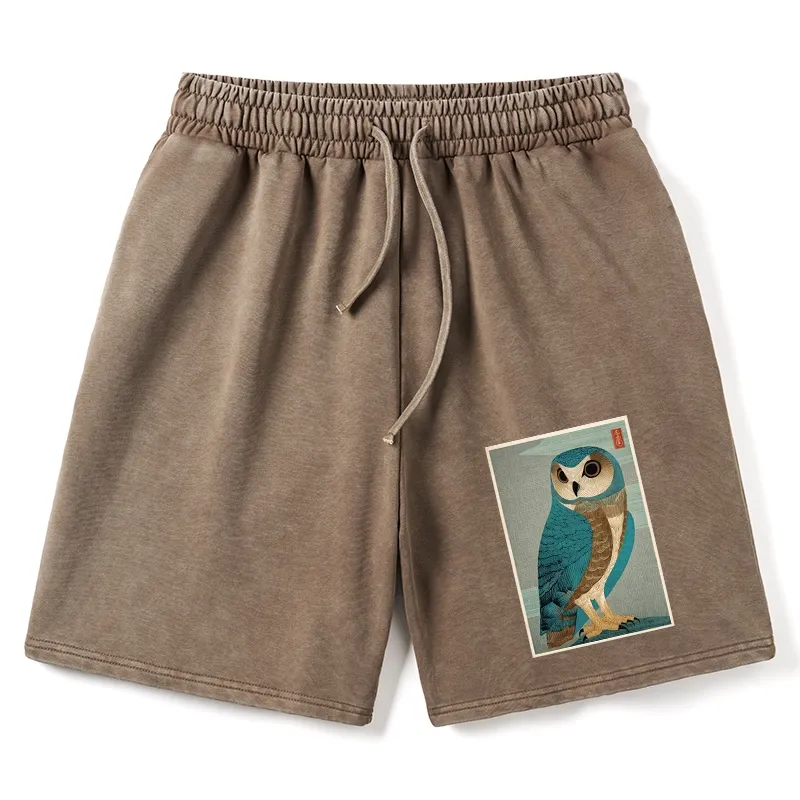 Tokyo-Tiger Vintage Owl Woodblock Art Washed Shorts
