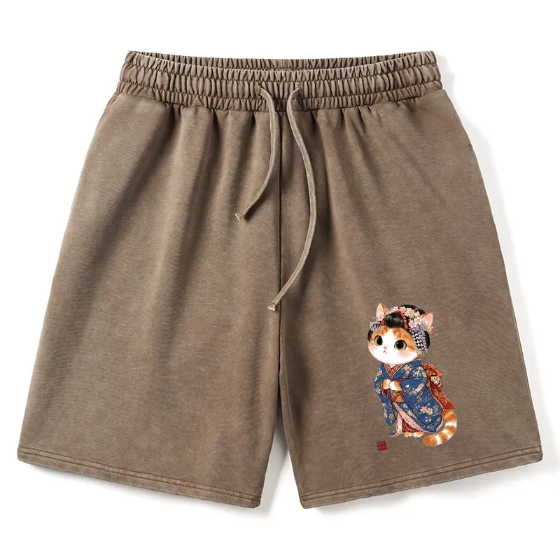 Tokyo-Tiger Cat Dressed As A Geisha Funny Washed Shorts