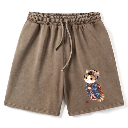 Tokyo-Tiger Cat Dressed As A Geisha Funny Washed Shorts