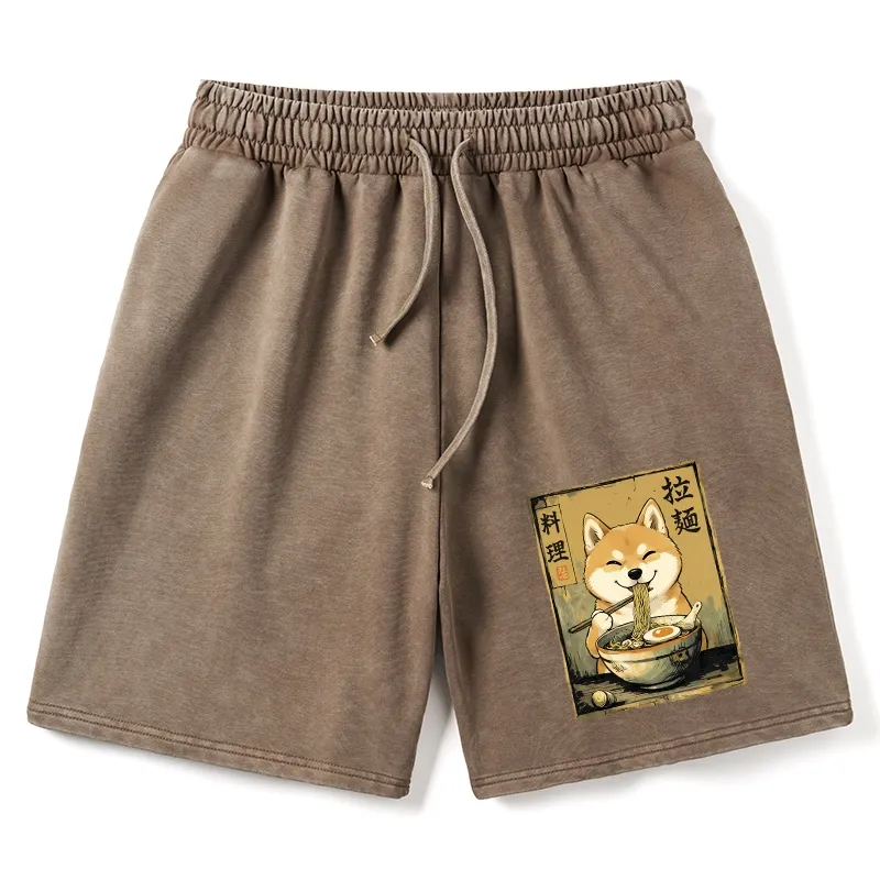 Tokyo-Tiger Happy Shiba Eating Ramen Washed Shorts
