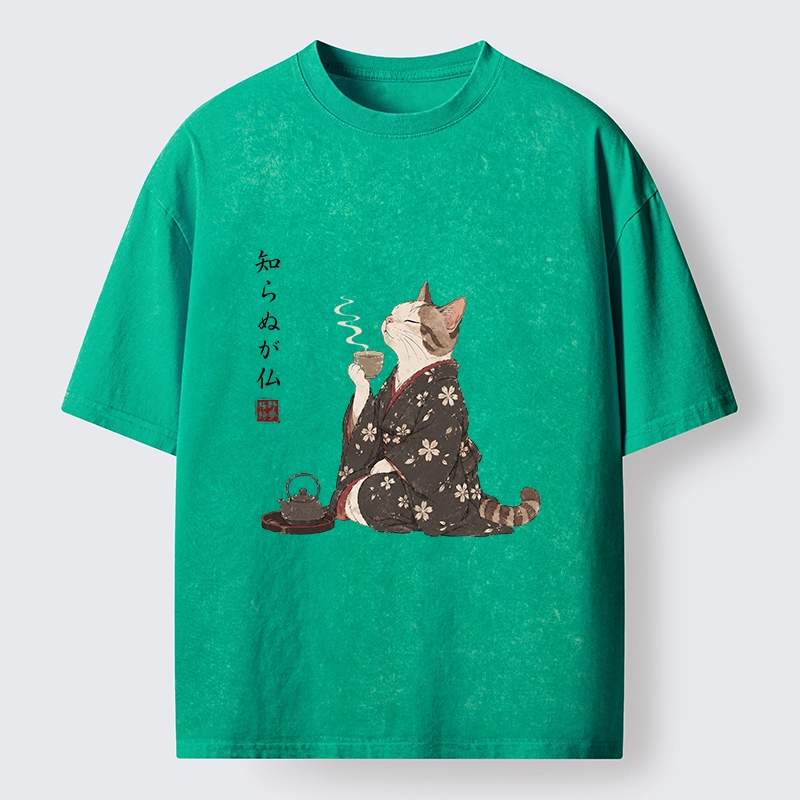 Tokyo-Tiger Zen Cat Drinking Tea In A Kimono Washed T-Shirt