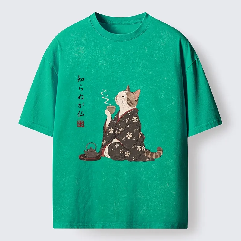 Tokyo-Tiger Zen Cat Drinking Tea In A Kimono Washed T-Shirt