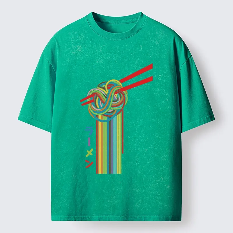 Tokyo-Tiger Colorful Noodles On Red Chopsticks Washed T-Shirt