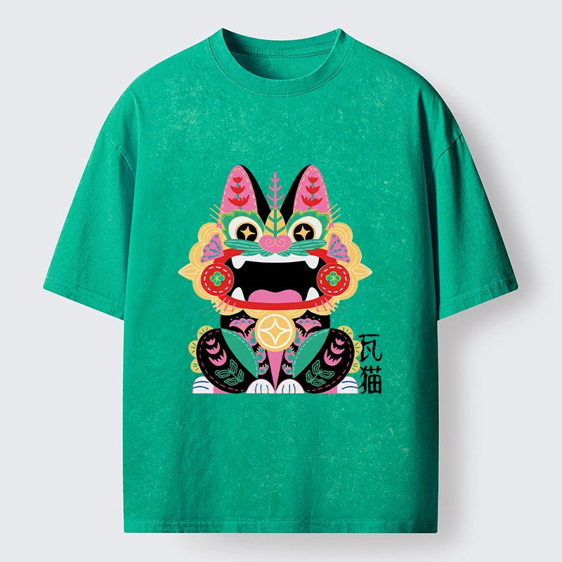 Tokyo-Tiger Colorful Meme Cat With Folk Style Washed T-Shirt
