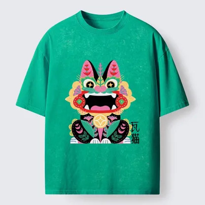 Tokyo-Tiger Colorful Meme Cat With Folk Style Washed T-Shirt