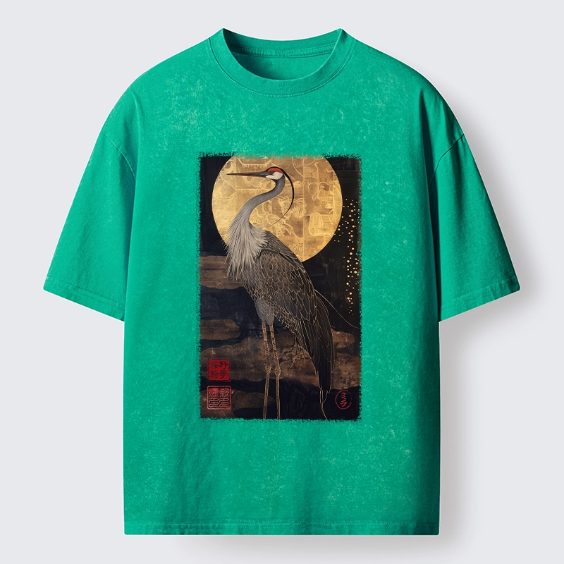 Tokyo-Tiger Golden Crane Under The Full Moon Washed T-Shirt