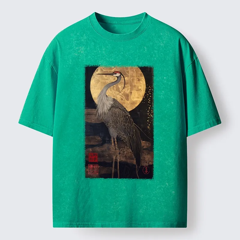 Tokyo-Tiger Golden Crane Under The Full Moon Washed T-Shirt
