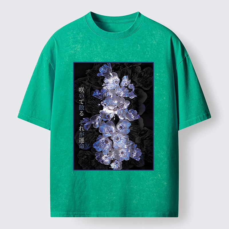 Tokyo-Tiger Glowing Blue Flowers In The Dark Washed T-Shirt