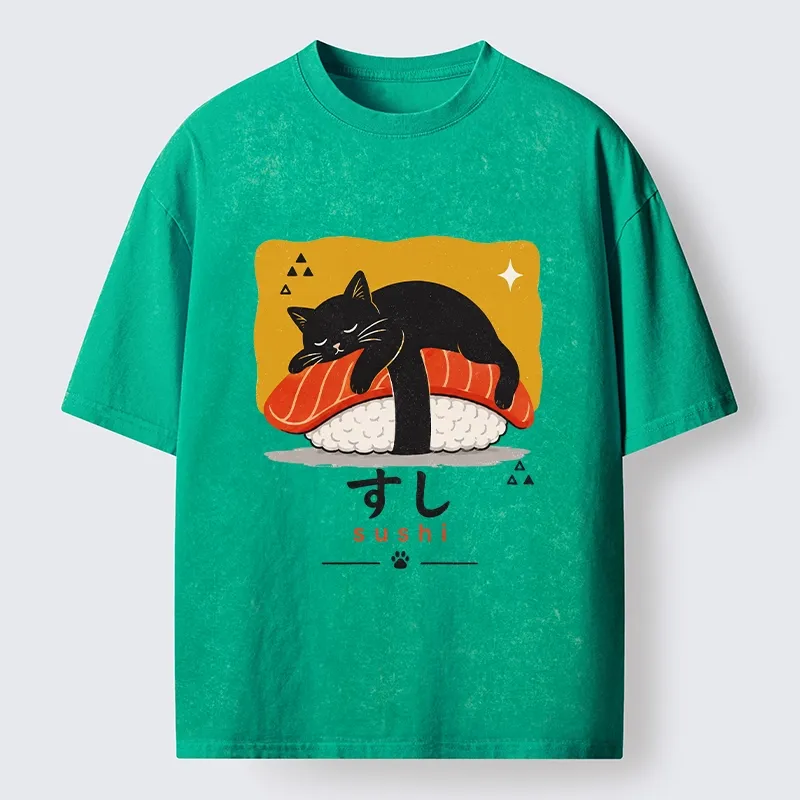 Tokyo-Tiger Black Cat Napping On Salmon Sushi Washed T-Shirt