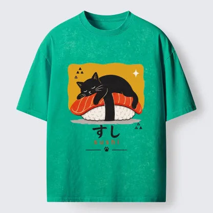 Tokyo-Tiger Black Cat Napping On Salmon Sushi Washed T-Shirt