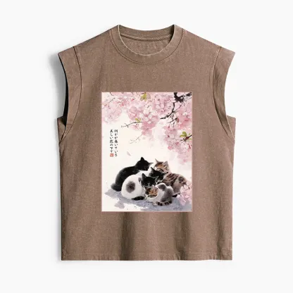 Tokyo-Tiger Cute Cats Sakura Garden Women's Washed Tank Tops