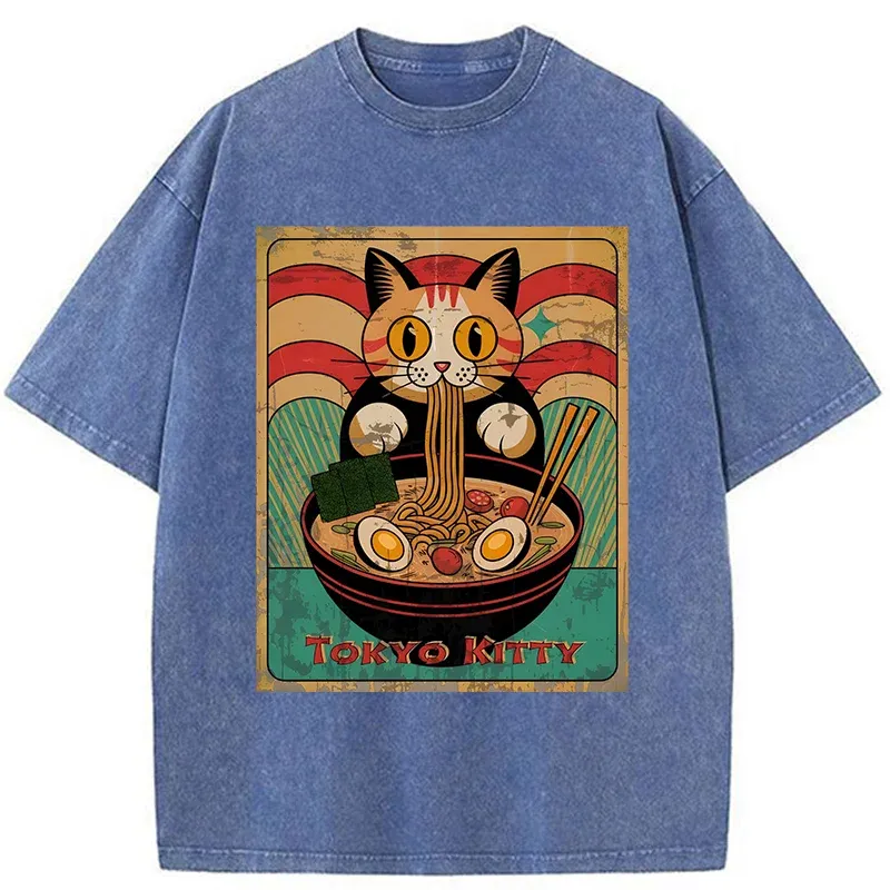 Tokyo-Tiger Retro Cat Eating Ramen Japan Washed T-Shirt