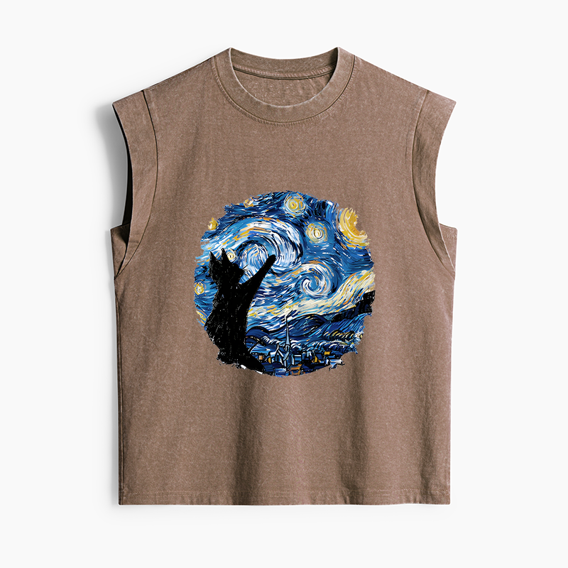 Tokyo-Tiger Starry Night Black Cat Women's Washed Tank Tops