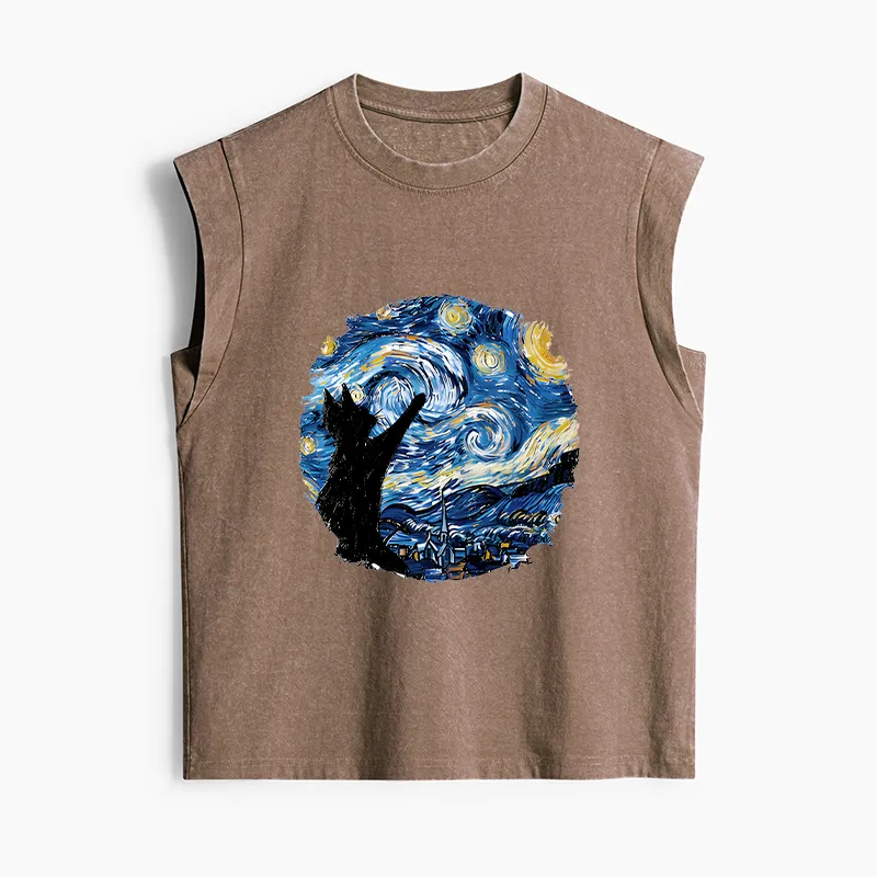 Tokyo-Tiger Starry Night Black Cat Women's Washed Tank Tops Sale