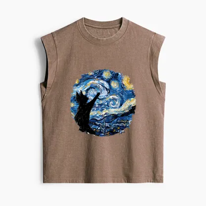 Tokyo-Tiger Starry Night Black Cat Women's Washed Tank Tops