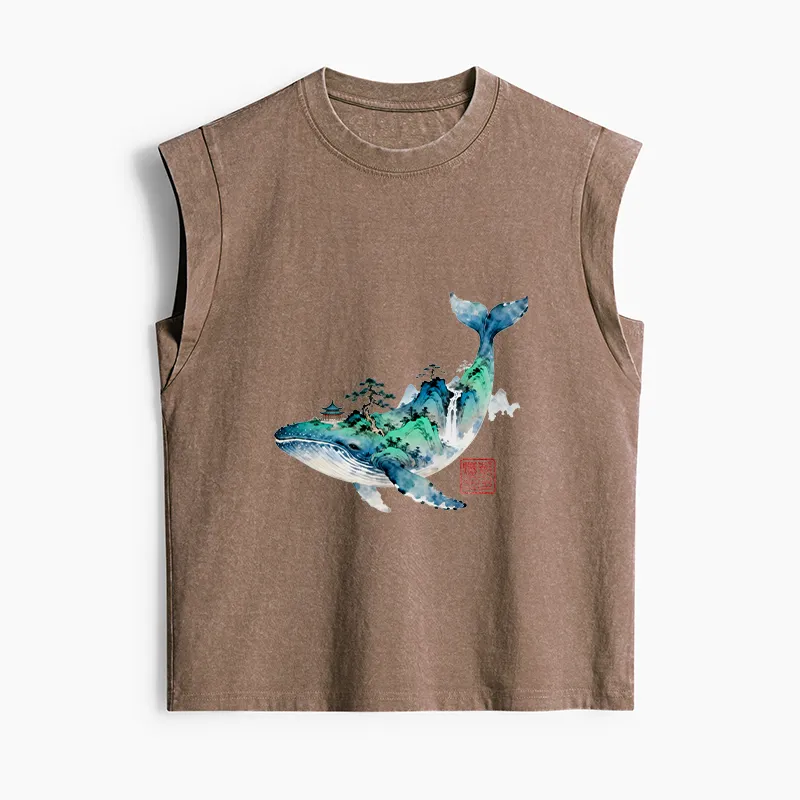 Tokyo-Tiger Whale Ink Painting Landscape Women's Washed Tank Tops Sale