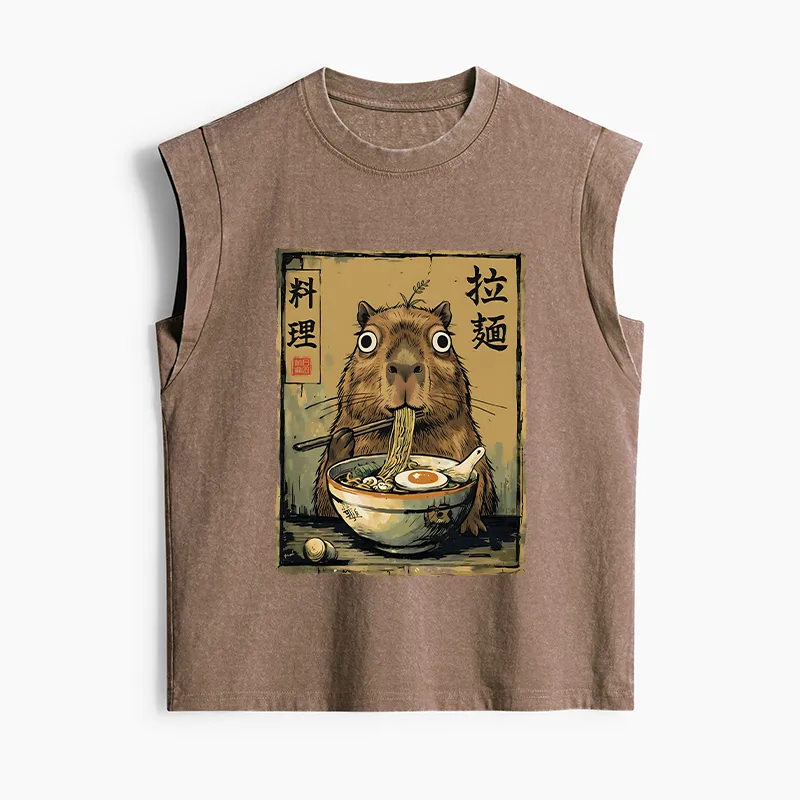 Tokyo-Tiger Cute Capybara Eating Ramen Women's Washed Tank Tops Sale