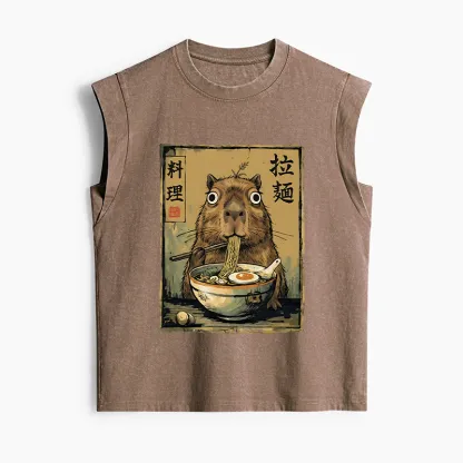 Tokyo-Tiger Cute Capybara Eating Ramen Women's Washed Tank Tops