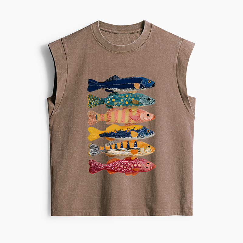 Tokyo-Tiger Colorful Fish Art Collection Women's Washed Tank Tops