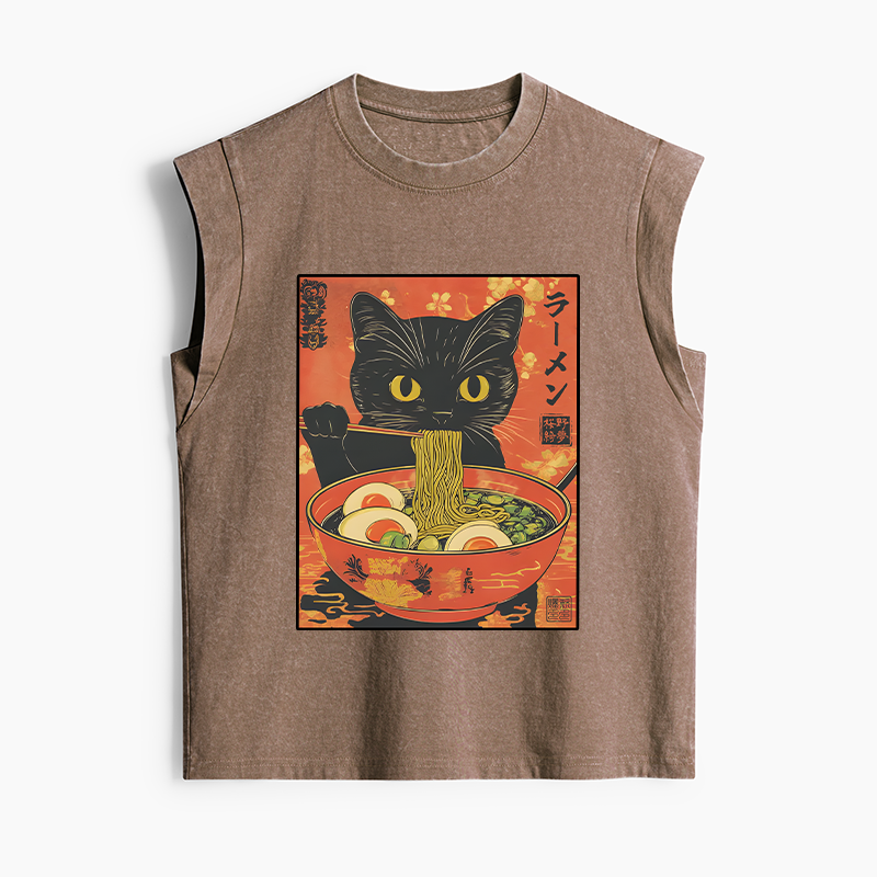 Tokyo-Tiger Hungry Black Cat Loves Ramen Women's Washed Tank Tops