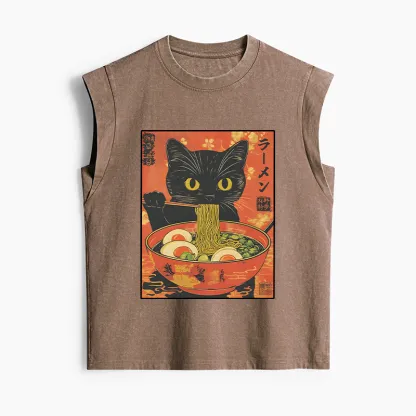 Tokyo-Tiger Hungry Black Cat Loves Ramen Women's Washed Tank Tops