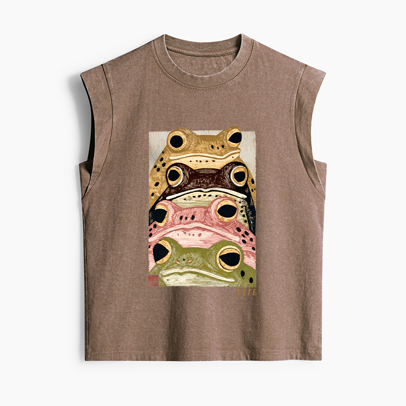 Tokyo-Tiger Whimsical Multi Colored Frog Art Women's Washed Tank Tops
